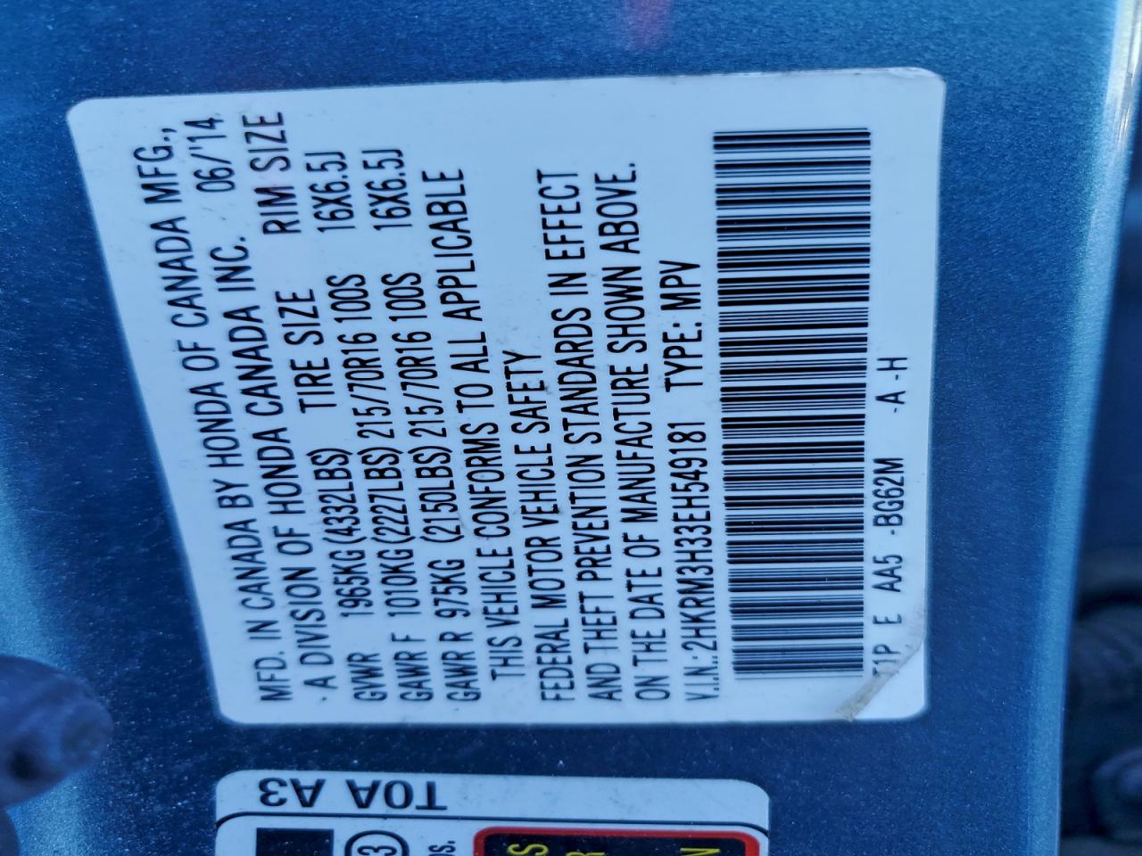 2014 HONDA CR-V LX photo 12