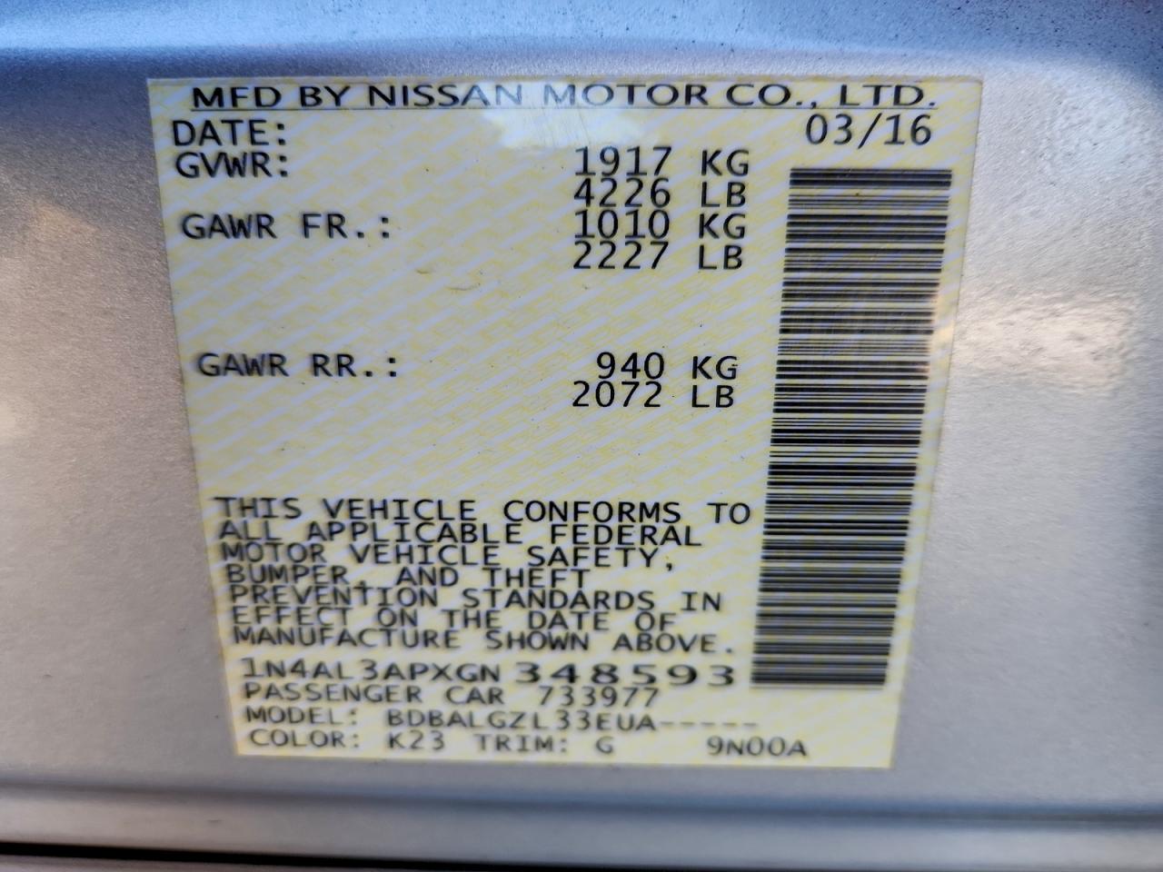 2016 NISSAN ALTIMA 2.5 photo 12