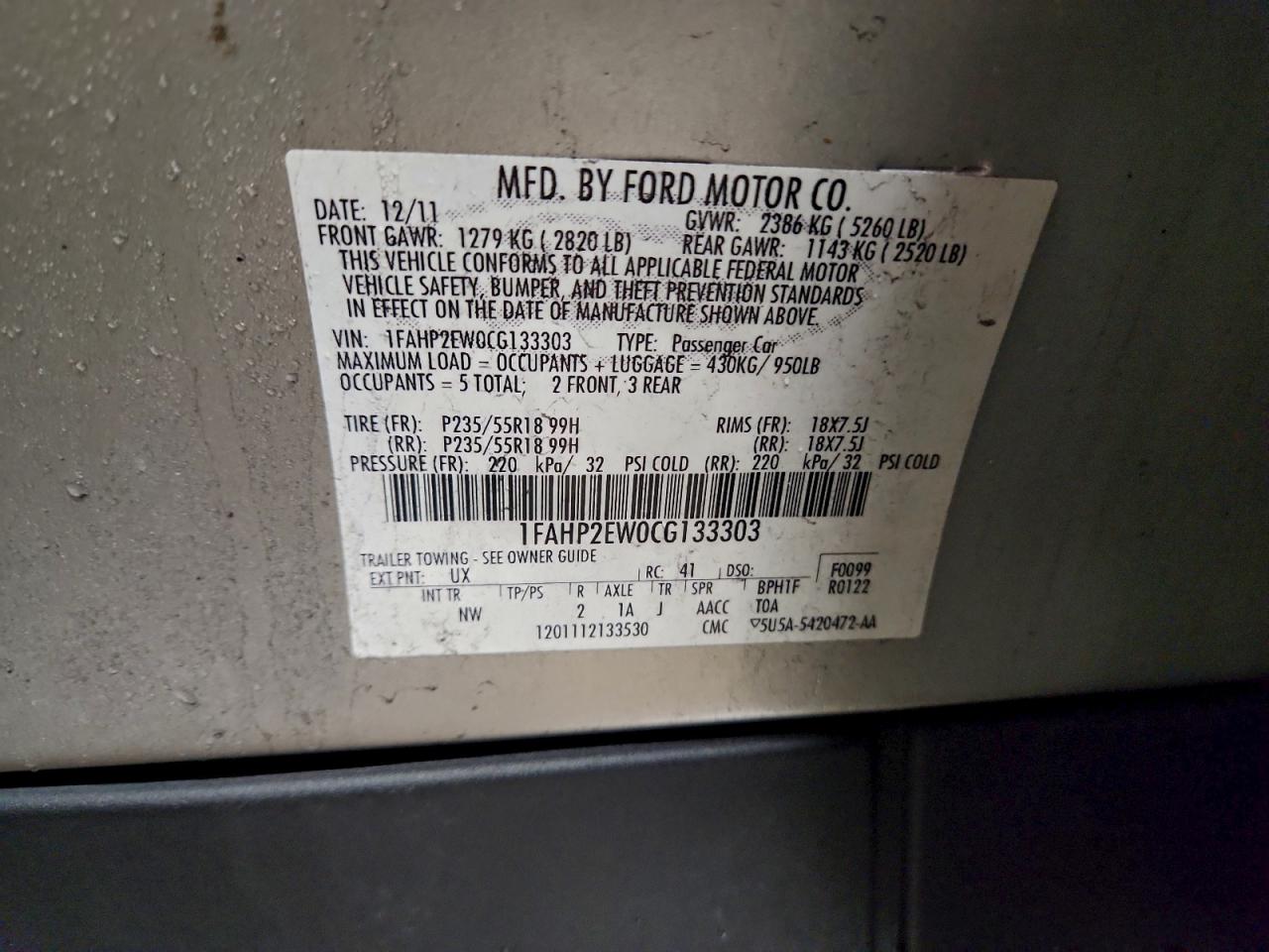 2012 FORD TAURUS SEL photo 12