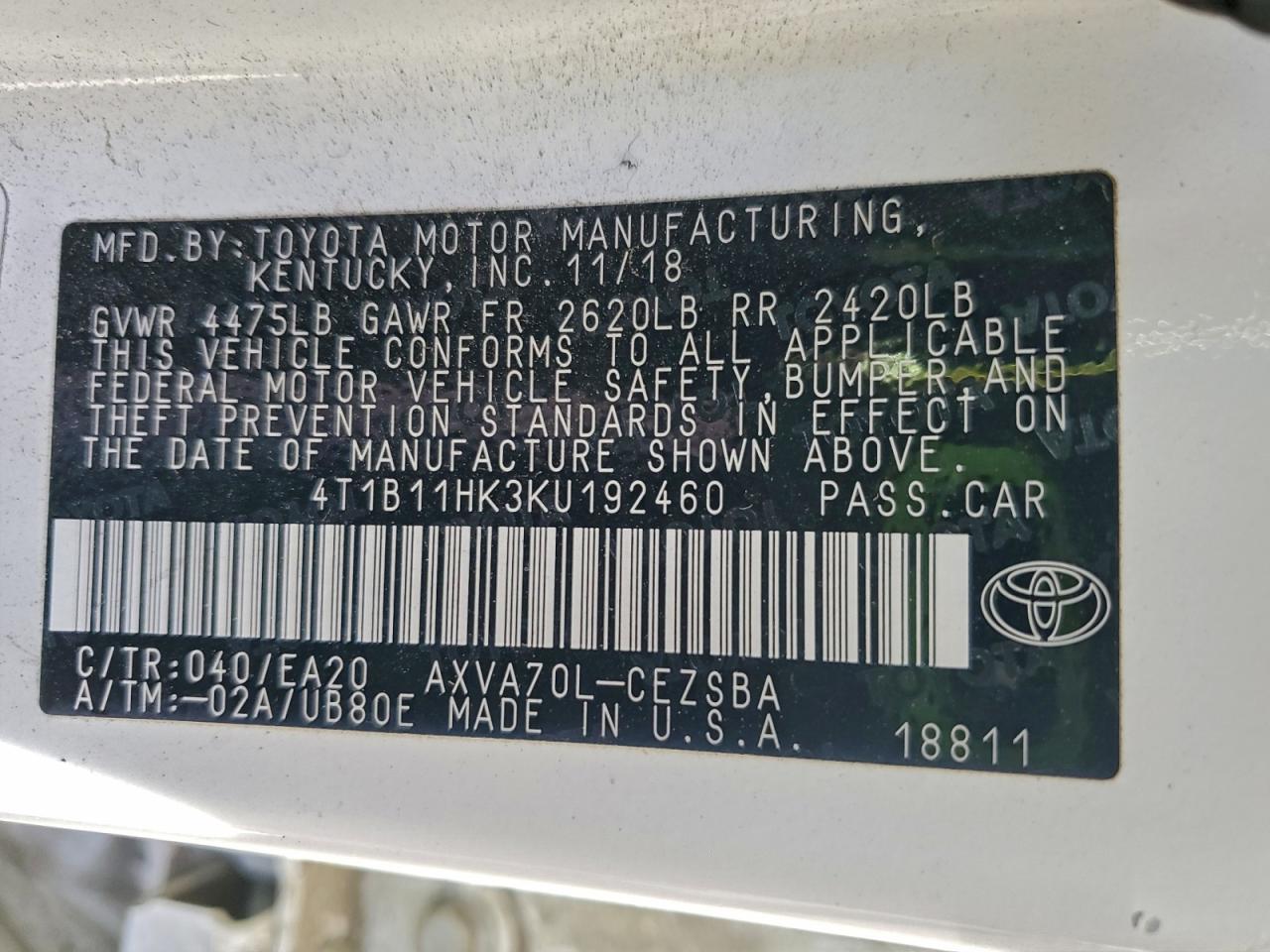 2019 TOYOTA CAMRY L photo 13