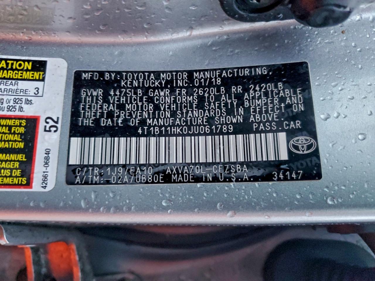 2018 TOYOTA CAMRY L photo 12