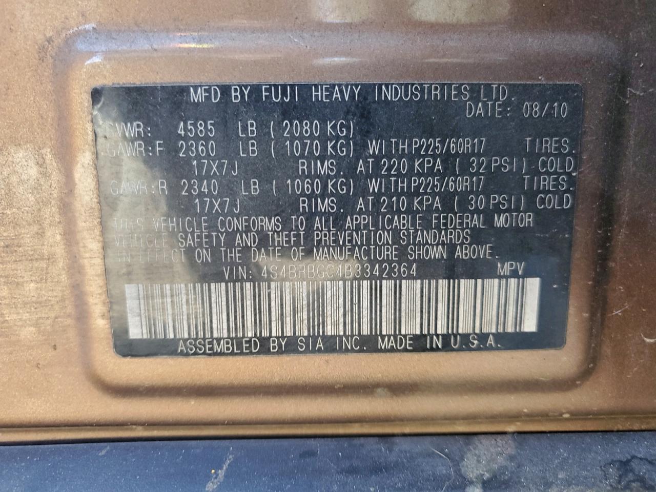 2011 SUBARU OUTBACK 2.5I PREMIUM photo 13