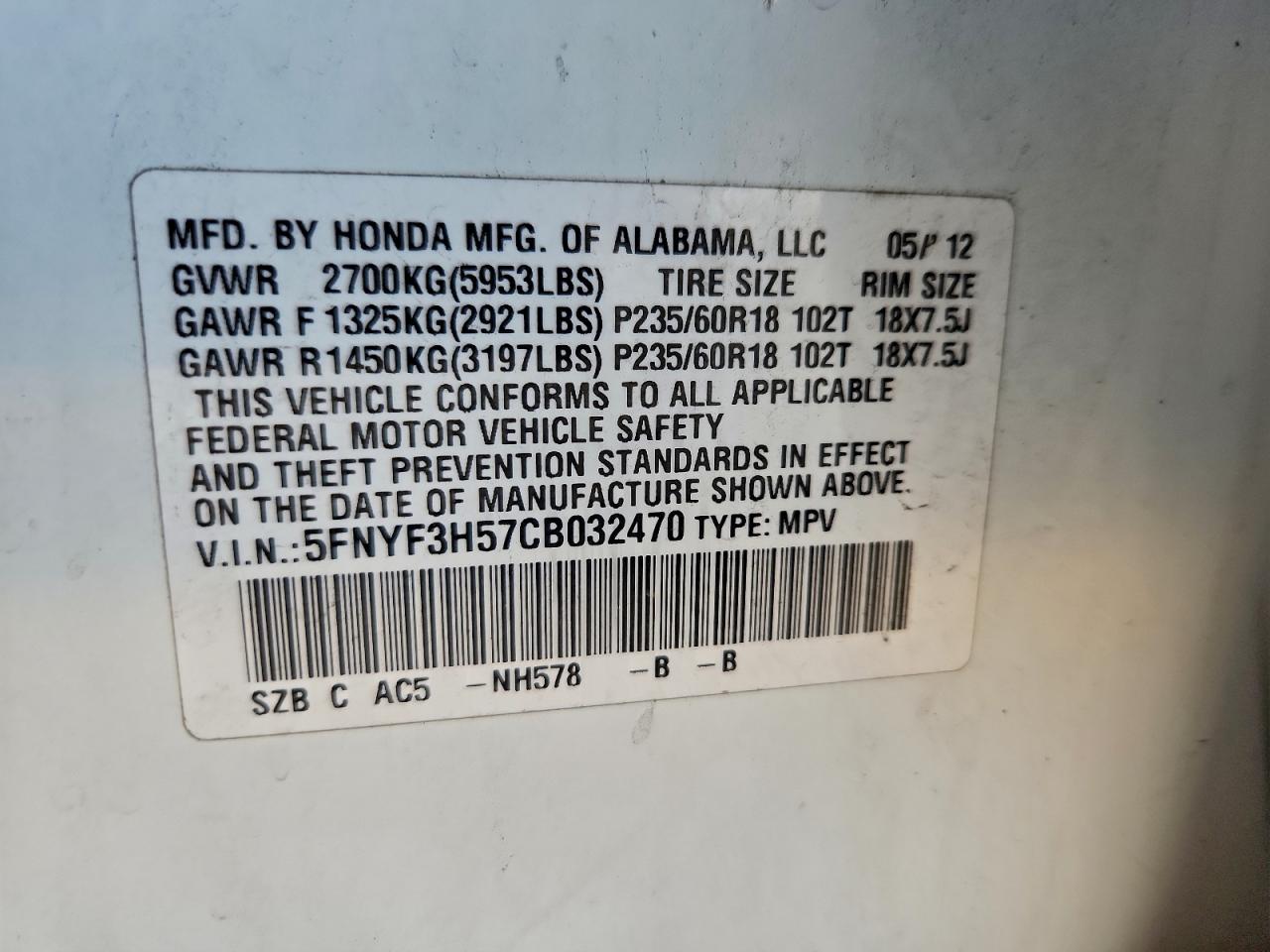 2012 HONDA PILOT EXL photo 12