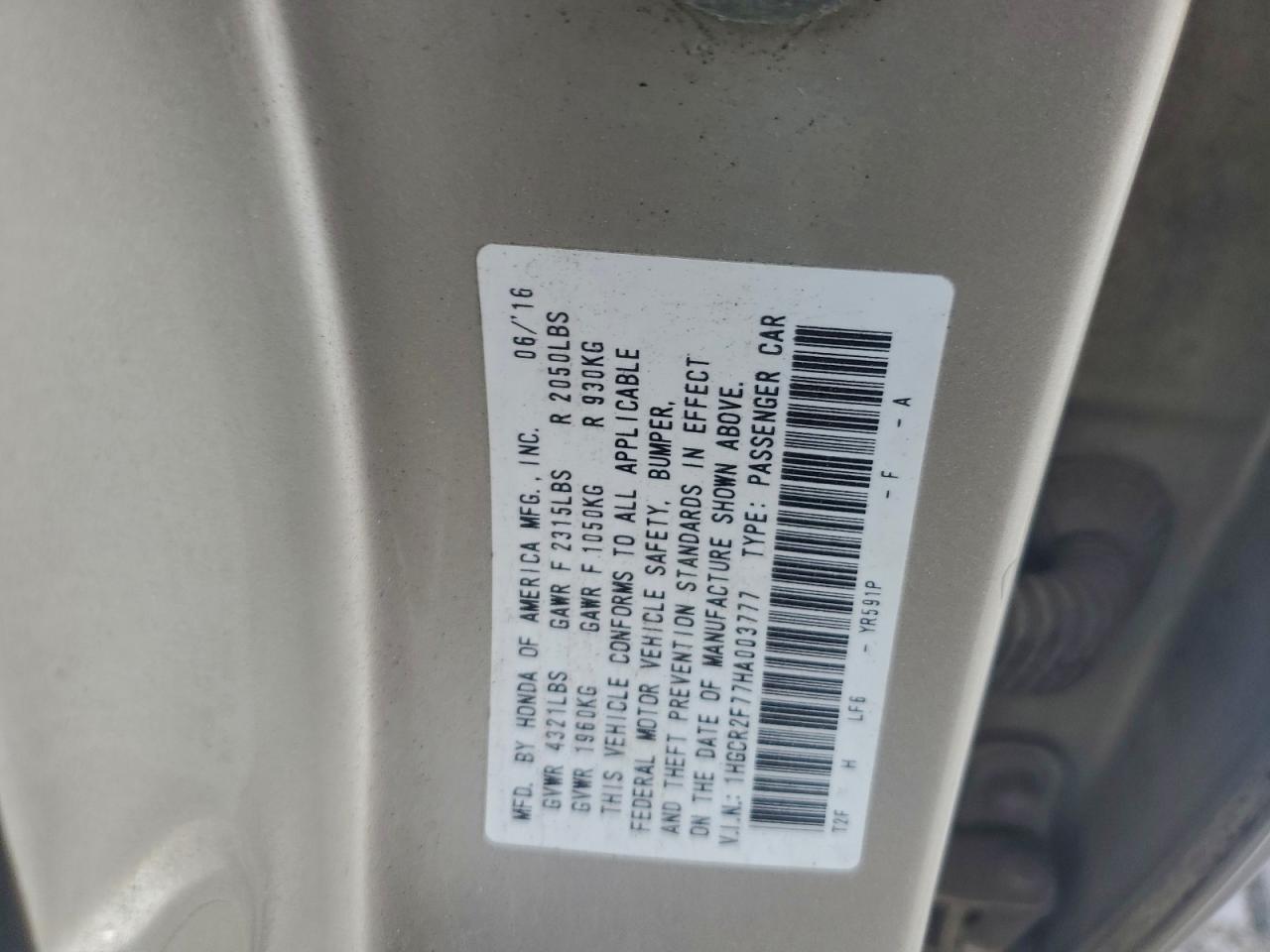 2017 HONDA ACCORD EX photo 12