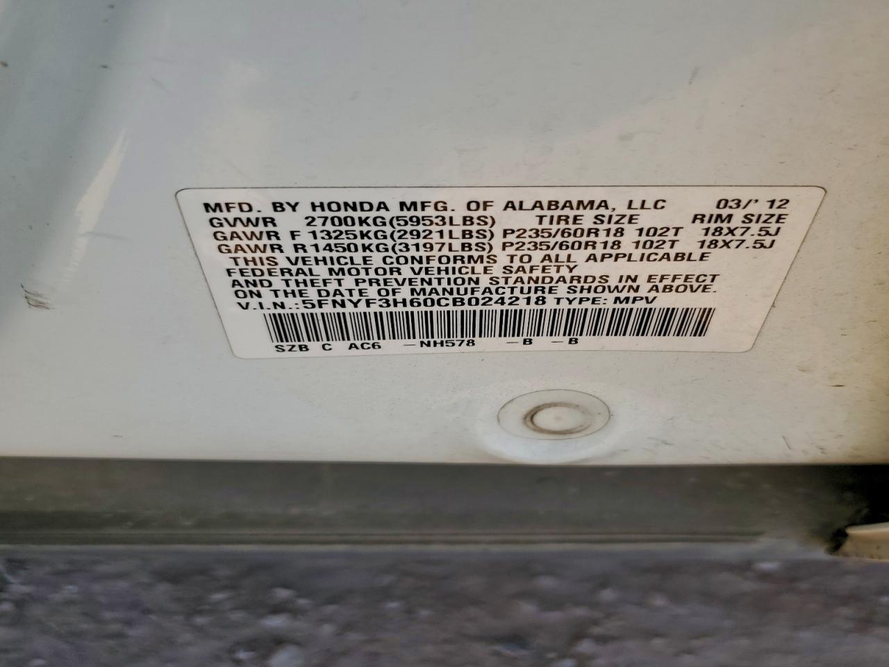2012 HONDA PILOT EXL photo 12