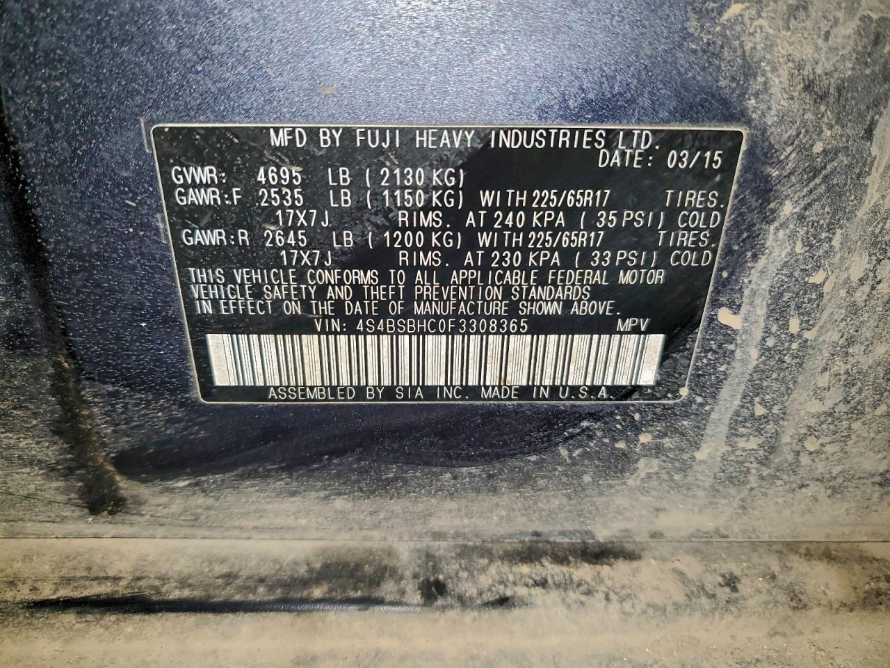 2015 SUBARU OUTBACK 2.5I PREMIUM photo 13