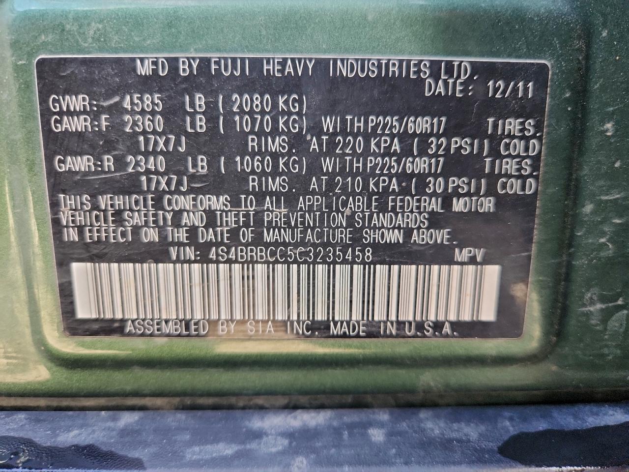 2012 SUBARU OUTBACK 2.5I PREMIUM photo 13