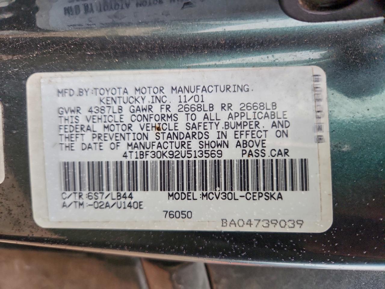 2002 TOYOTA CAMRY LE photo 12