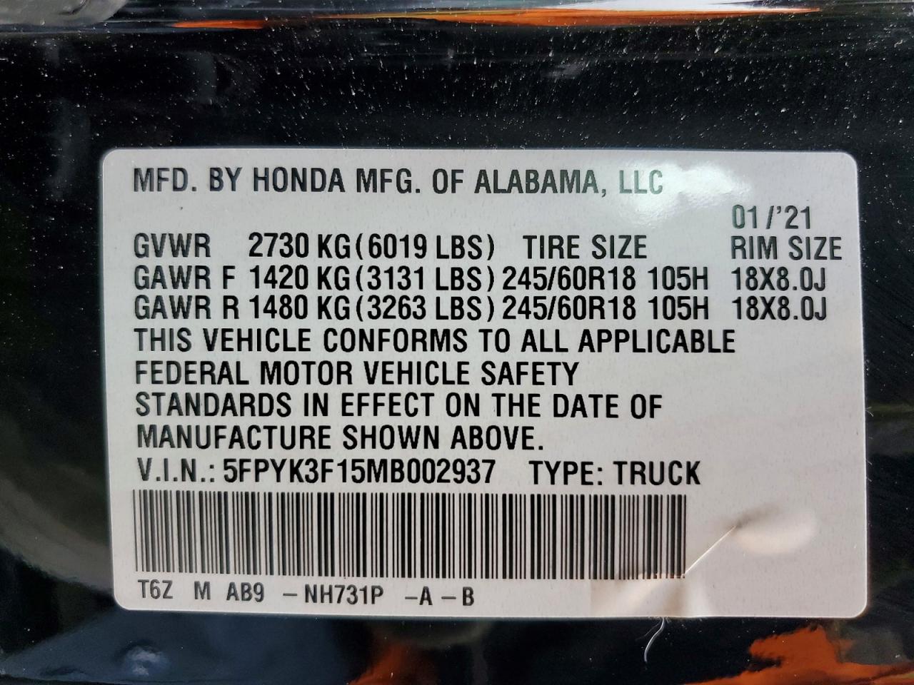 2021 HONDA RIDGELINE SPORT photo 37