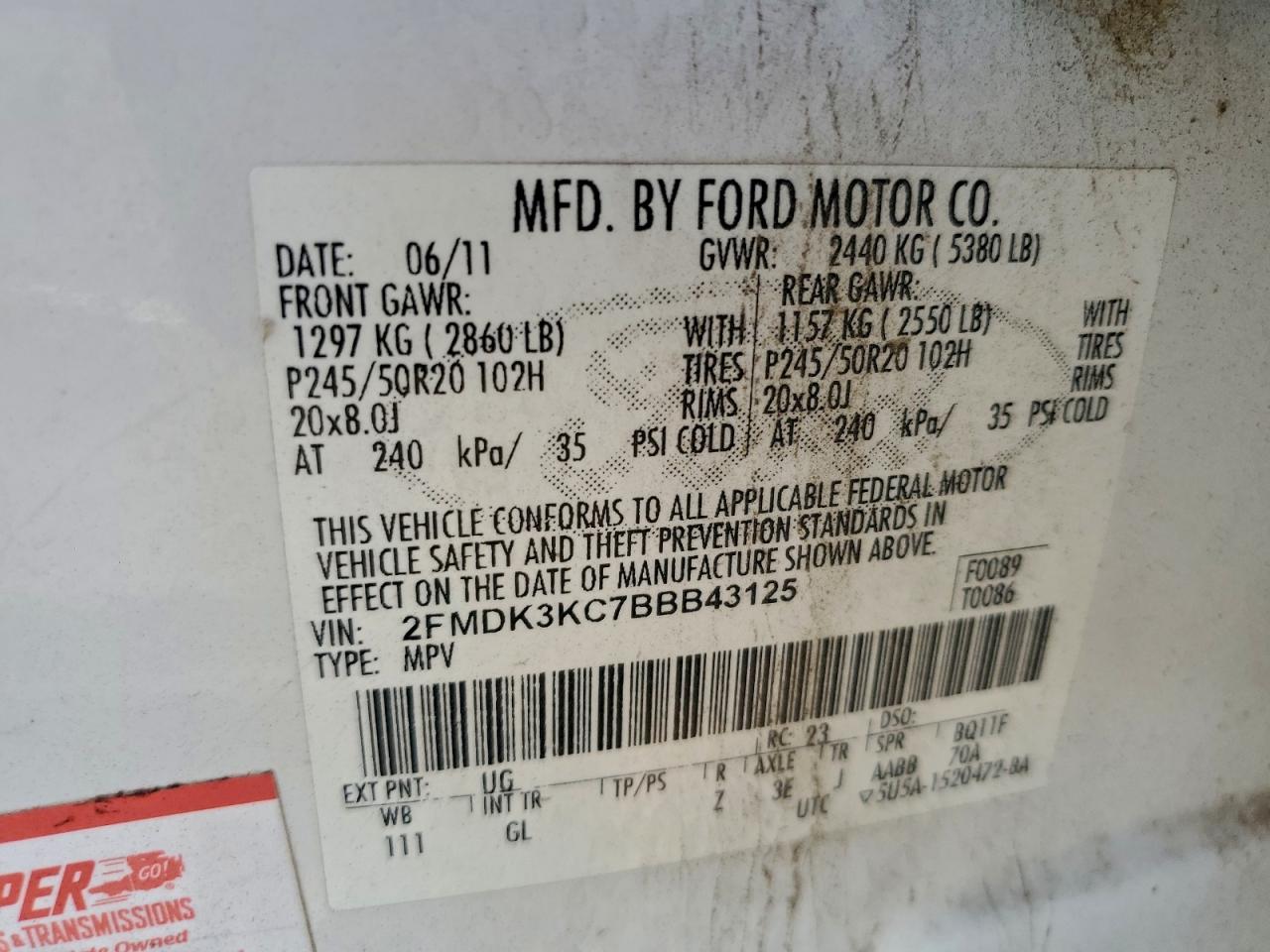 2011 FORD EDGE LIMITED photo 14