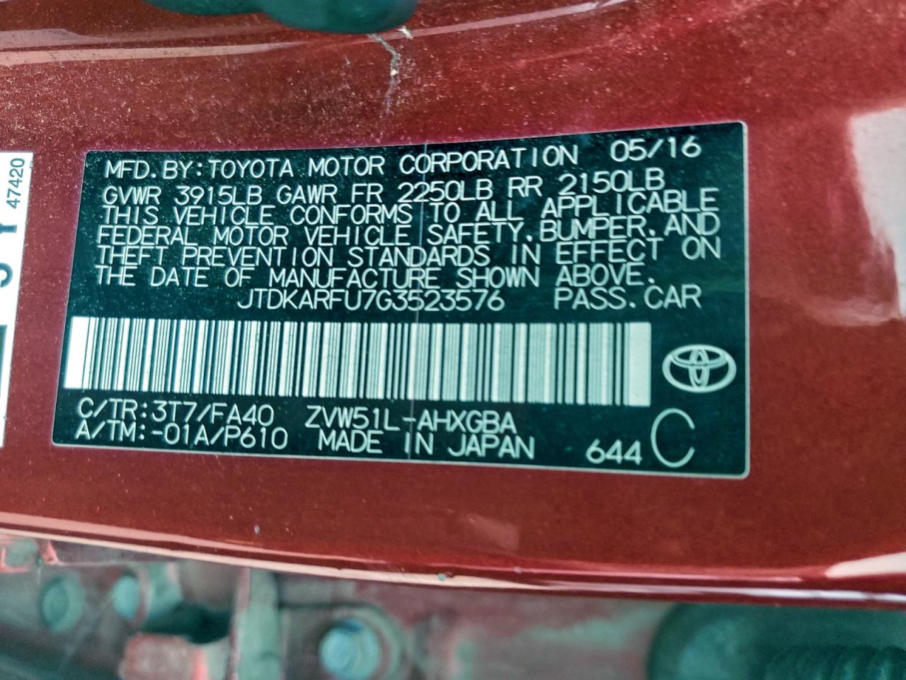 2016 TOYOTA PRIUS photo 12