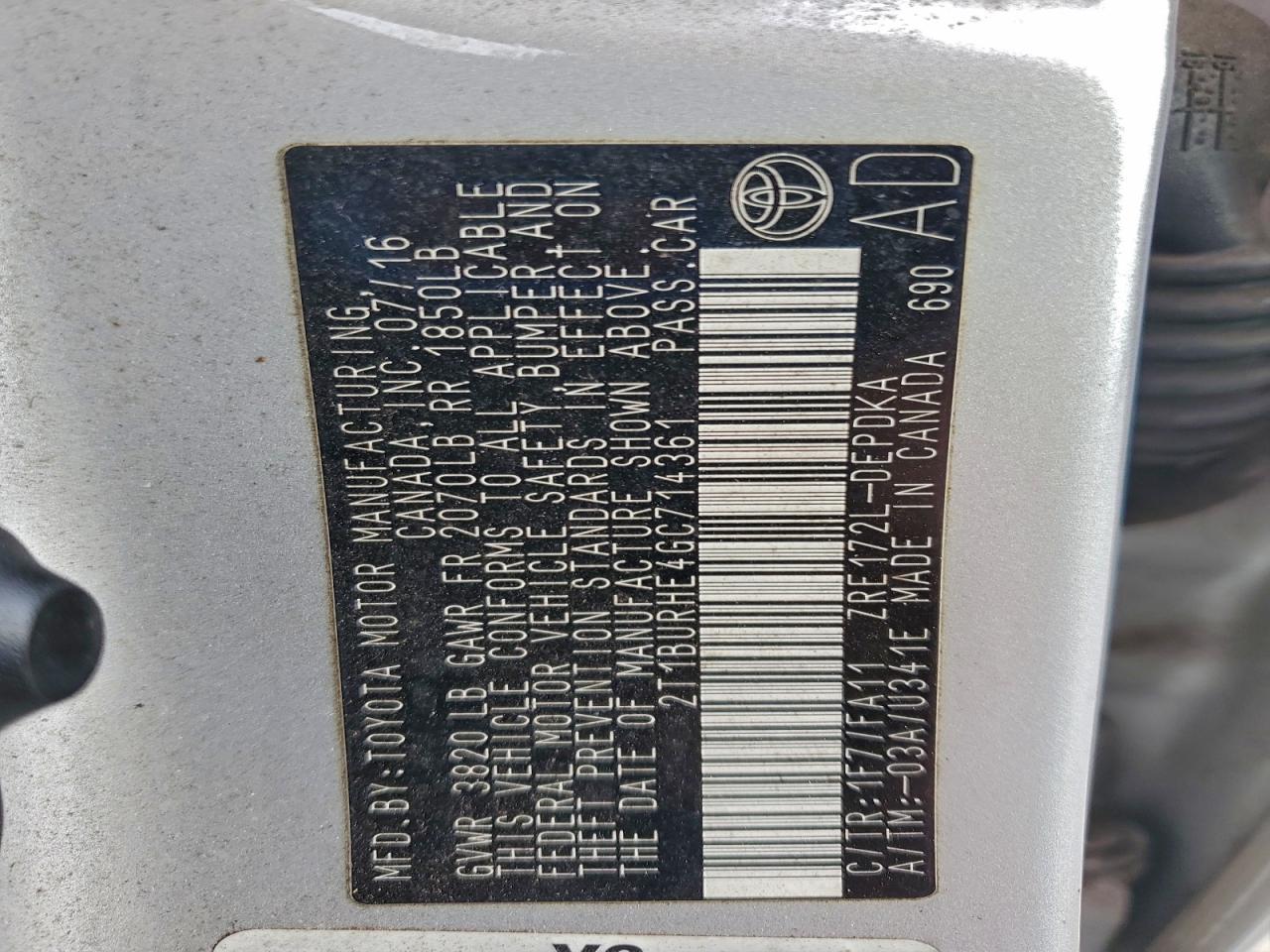 2016 TOYOTA COROLLA L photo 34