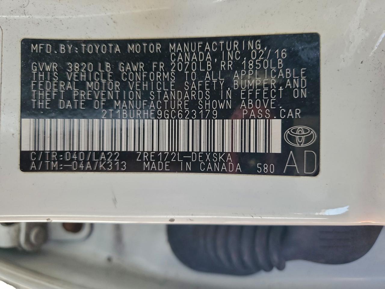 2016 TOYOTA COROLLA L photo 12