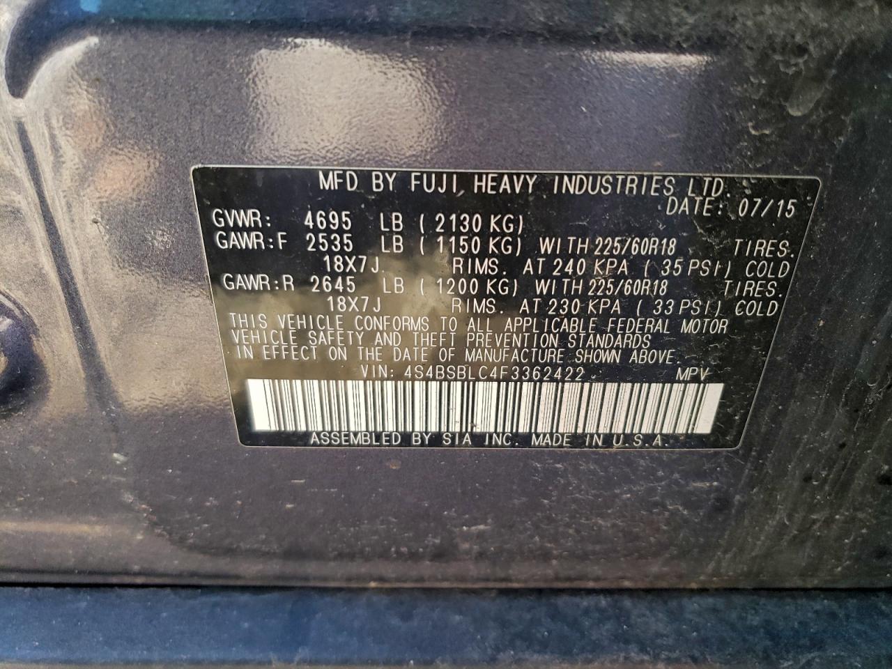 2015 SUBARU OUTBACK 2.5I LIMITED photo 25