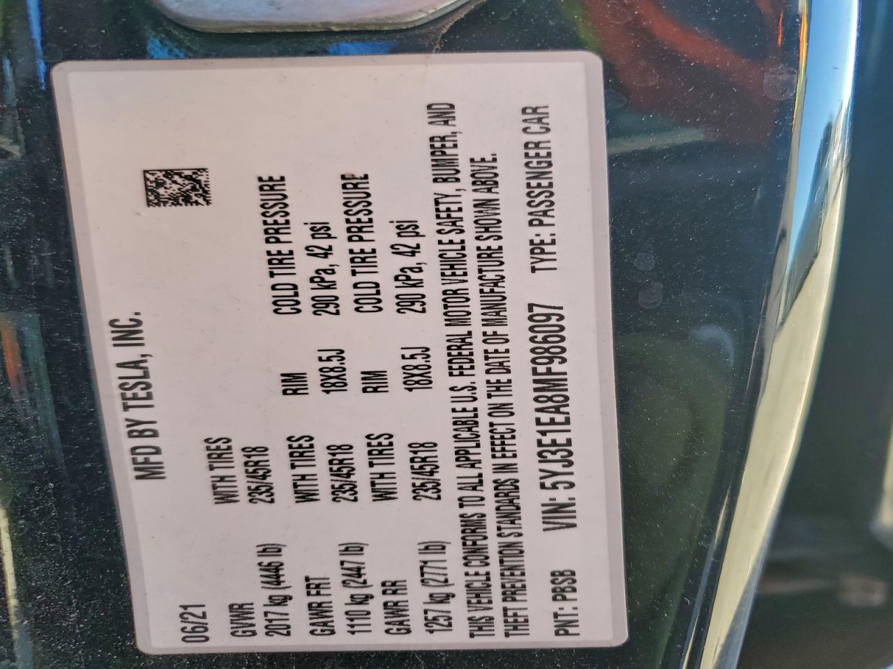 2021 TESLA MODEL 3 photo 13