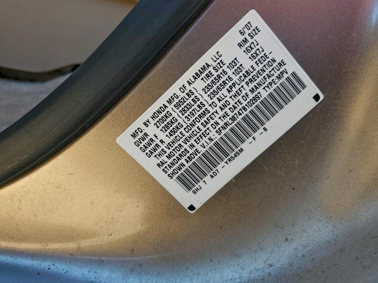 2007 HONDA ODYSSEY EXL photo 25