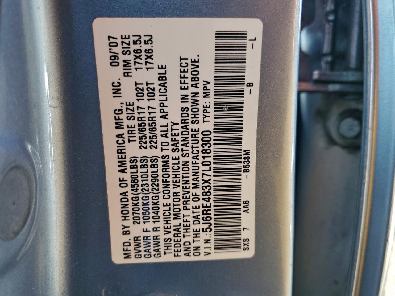 2007 HONDA CR-V LX photo 14