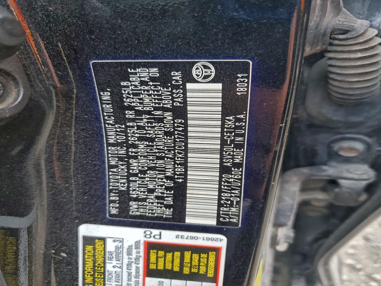 2012 TOYOTA CAMRY BASE photo 34