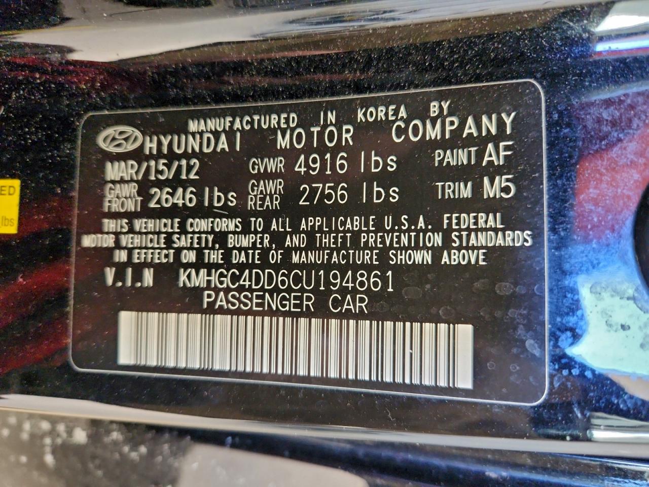 2012 HYUNDAI GENESIS 3.8L photo 12