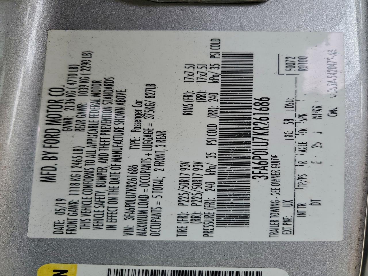 2019 FORD FUSION SE photo 34