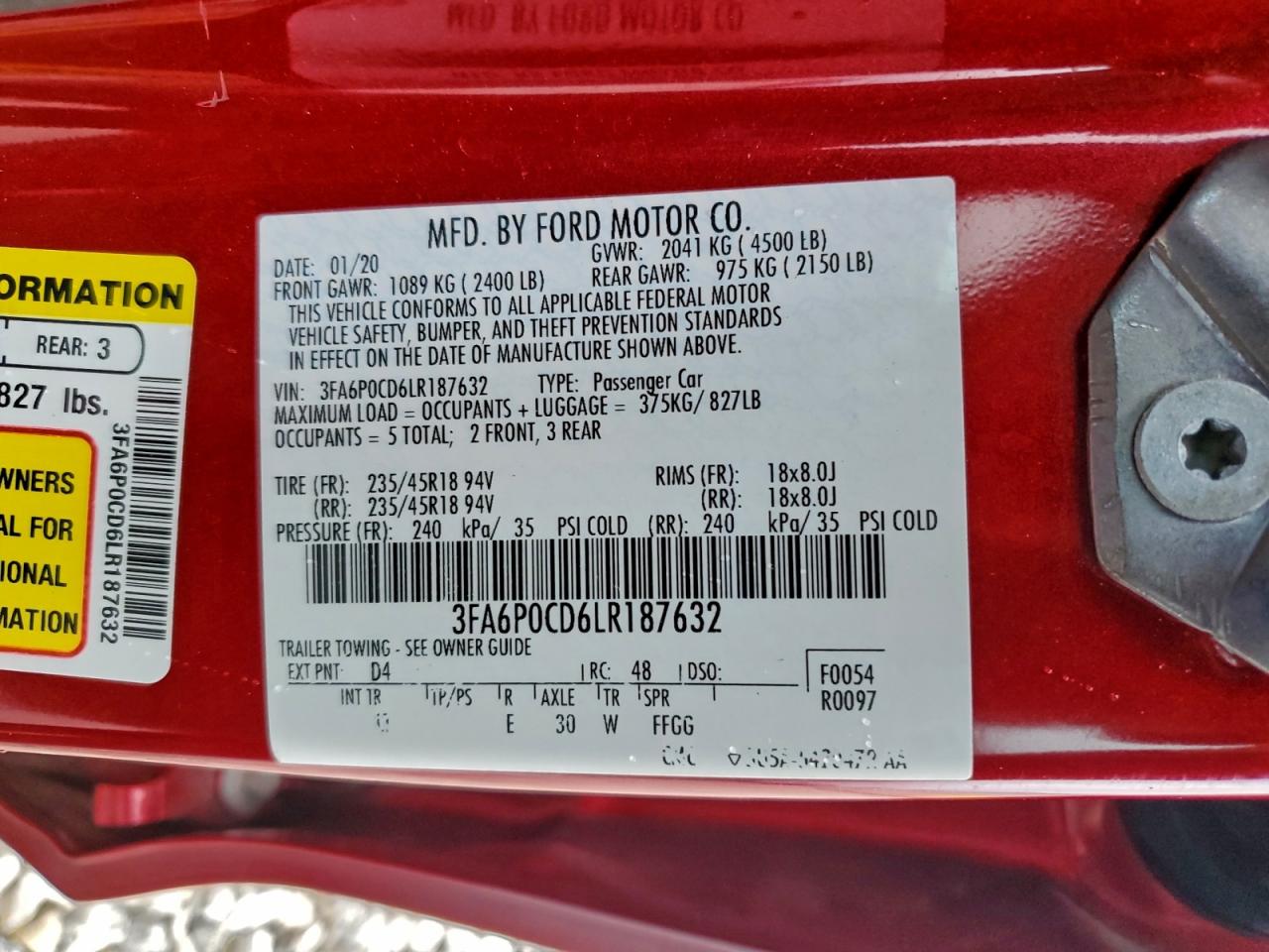 2020 FORD FUSION SEL photo 12