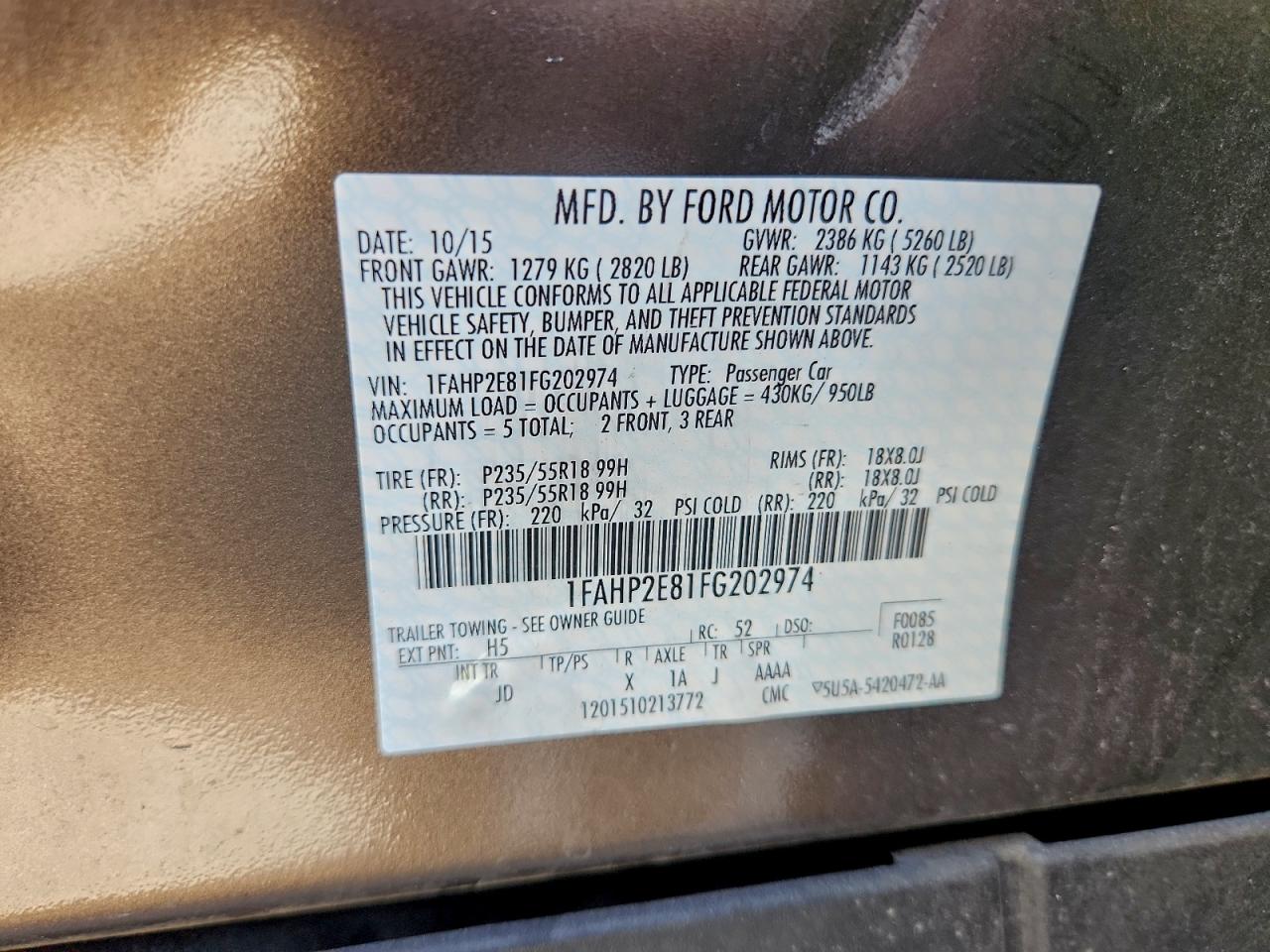 2015 FORD TAURUS SEL photo 12