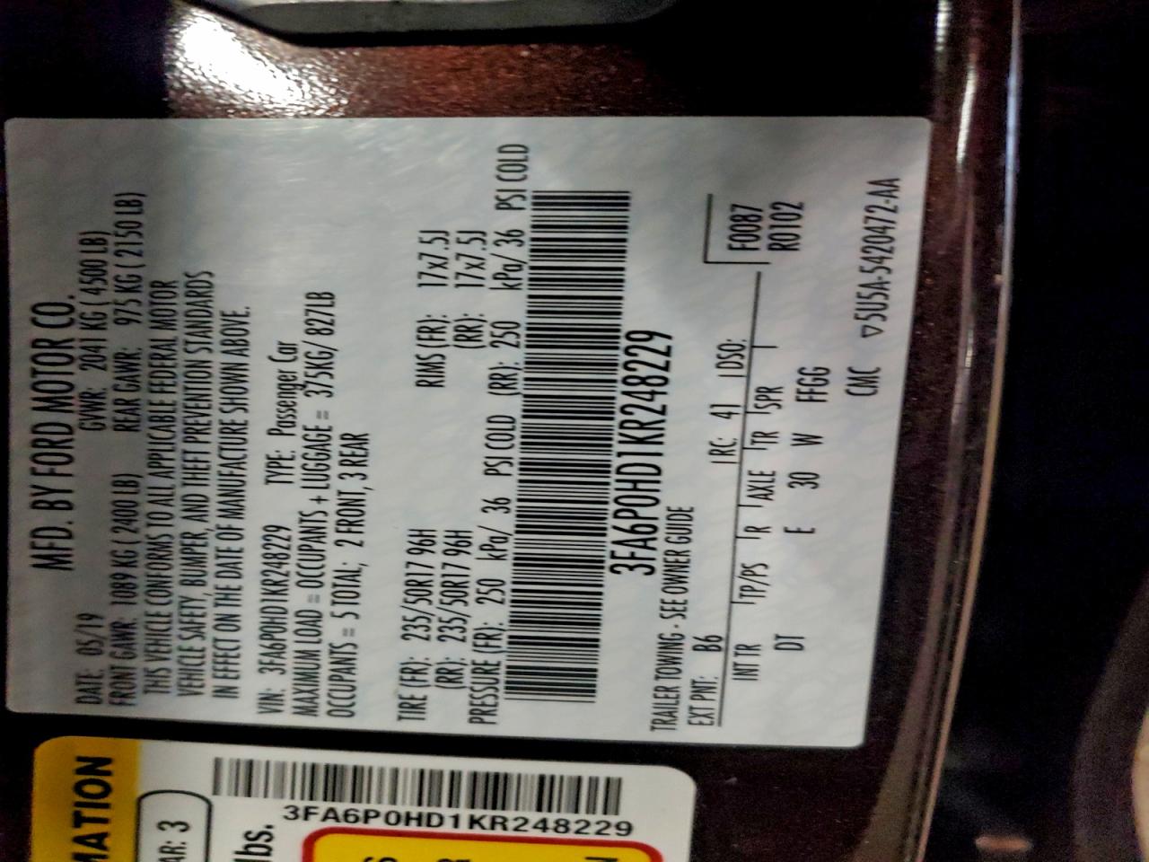 2019 FORD FUSION SE photo 12