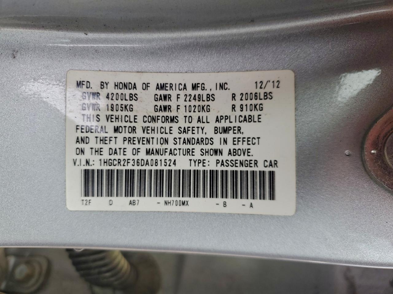 2013 HONDA ACCORD LX photo 13