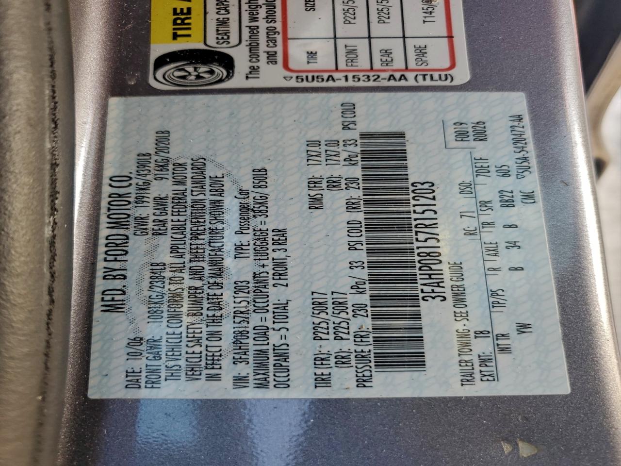 2007 FORD FUSION SEL photo 12