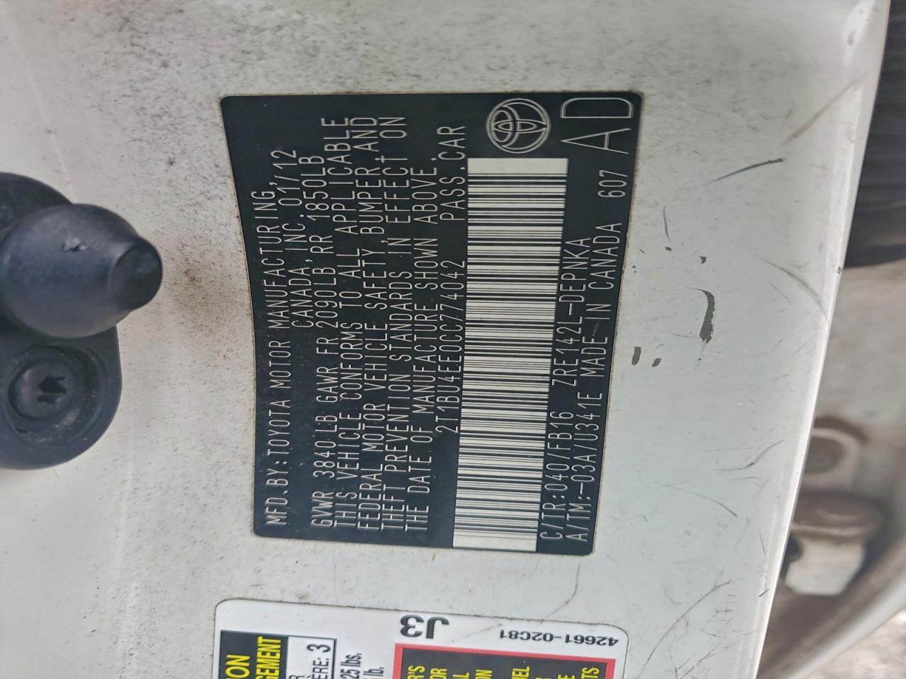 2012 TOYOTA COROLLA BASE photo 12