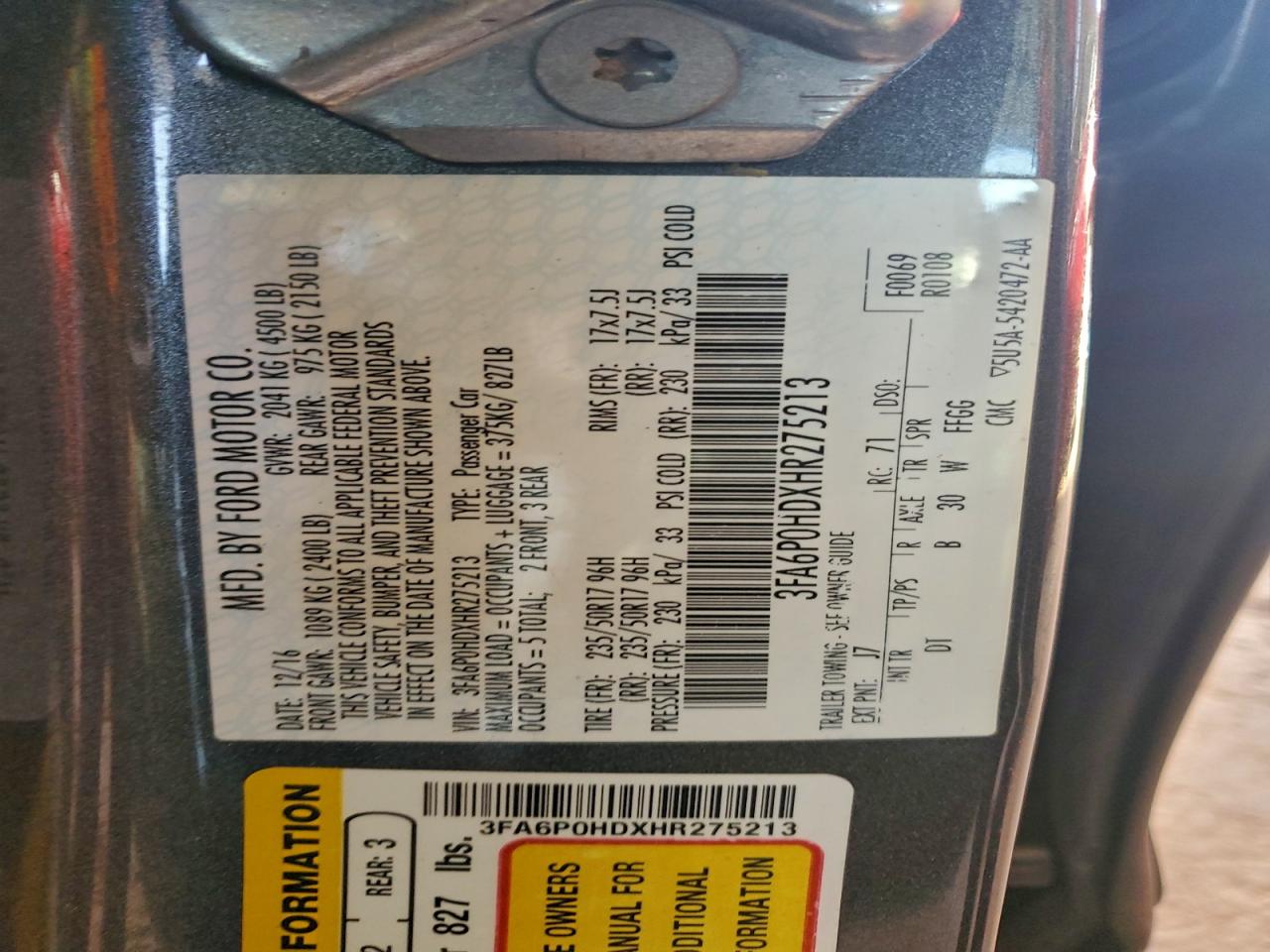2017 FORD FUSION SE photo 12