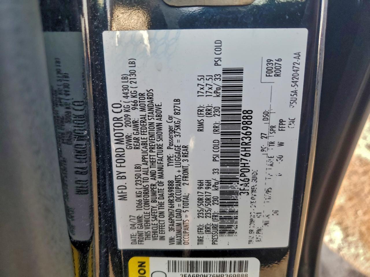2017 FORD FUSION SE photo 37