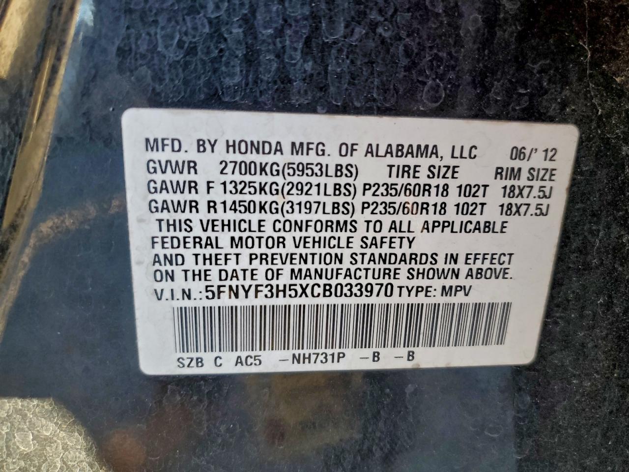 2012 HONDA PILOT EXL photo 13