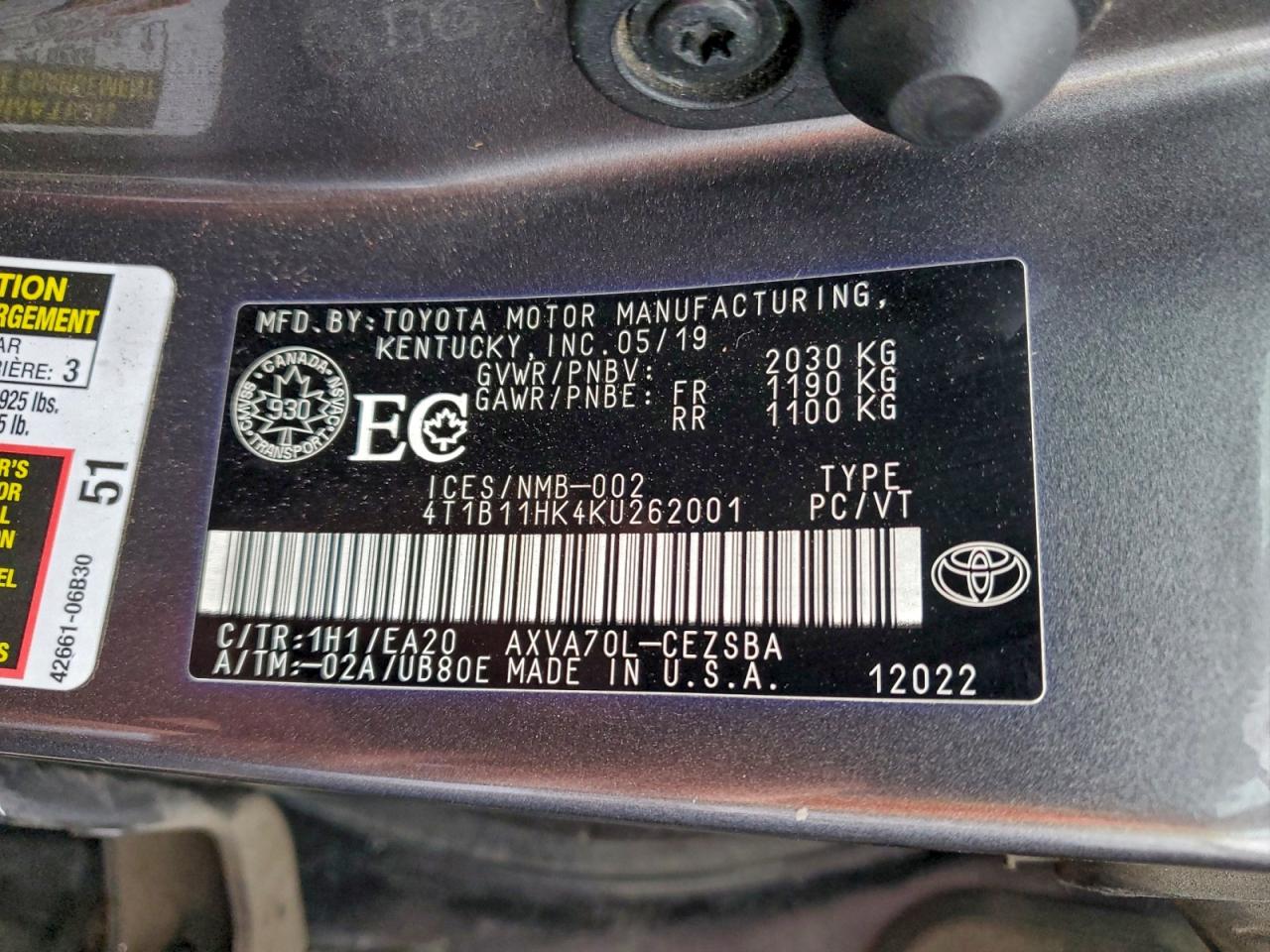 2019 TOYOTA CAMRY L photo 12