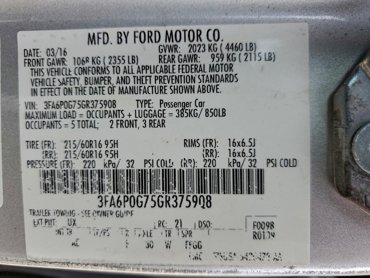 2016 FORD FUSION S photo 23