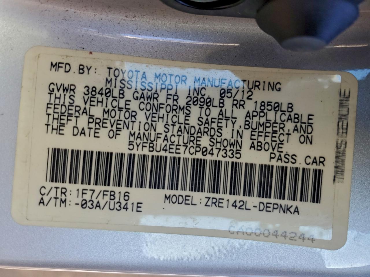 2012 TOYOTA COROLLA BASE photo 12