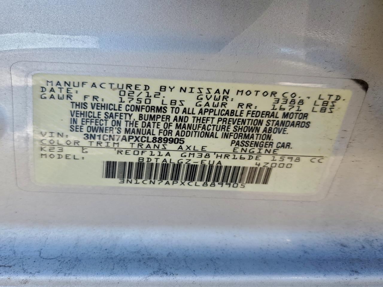 2012 NISSAN VERSA S photo 13