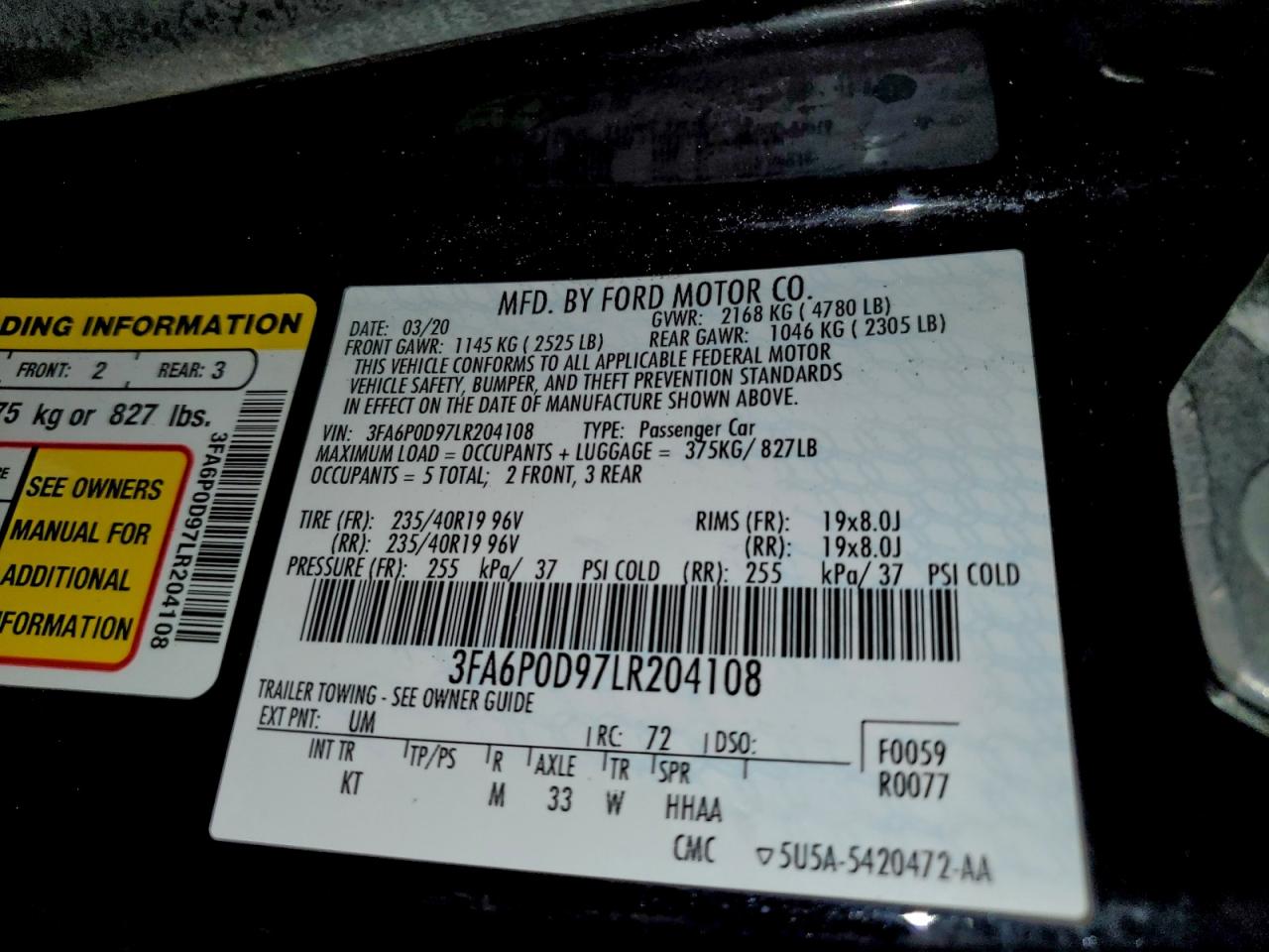 2020 FORD FUSION TITANIUM photo 12