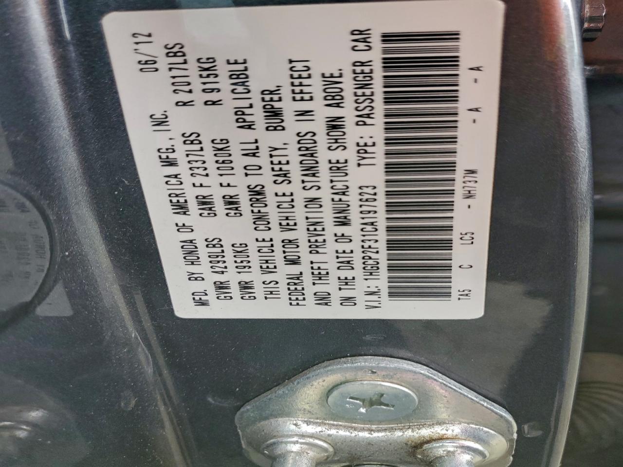 2012 HONDA ACCORD LX photo 12
