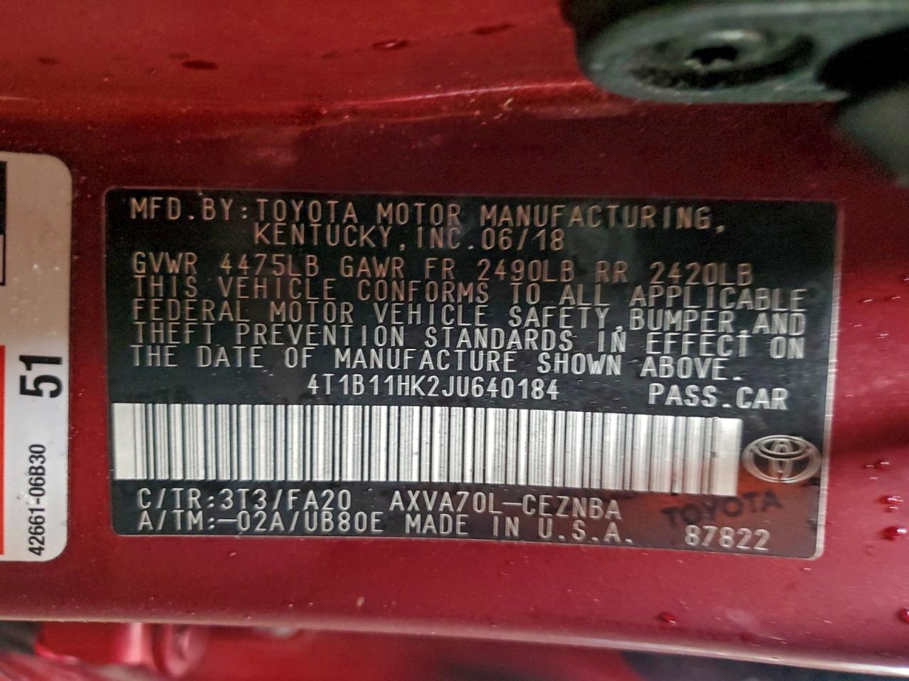 2018 TOYOTA CAMRY L photo 23