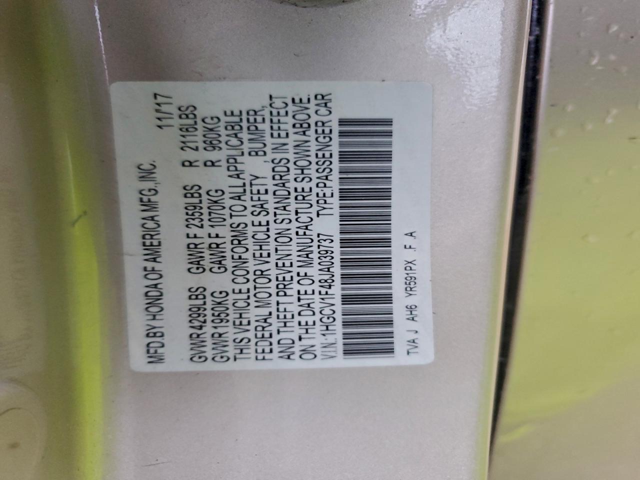 2018 HONDA ACCORD EX photo 34