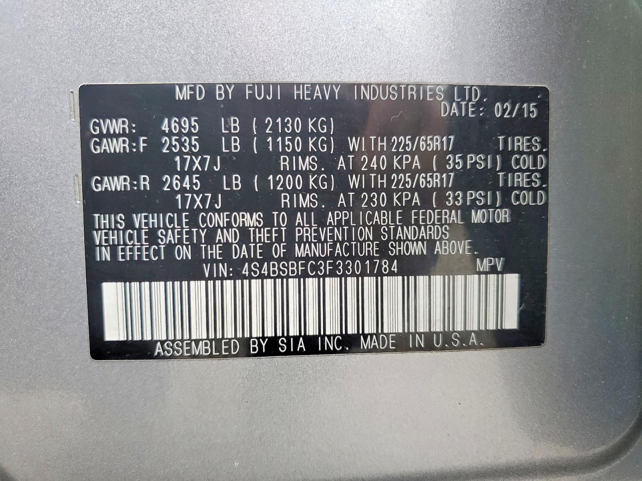 2015 SUBARU OUTBACK 2.5I PREMIUM photo 40