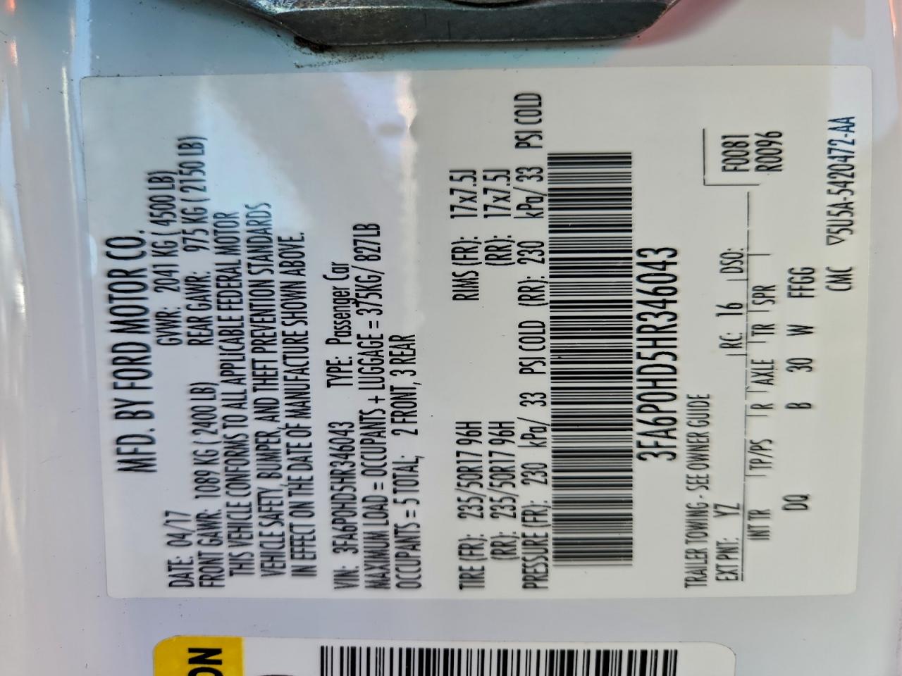 2017 FORD FUSION SE photo 24