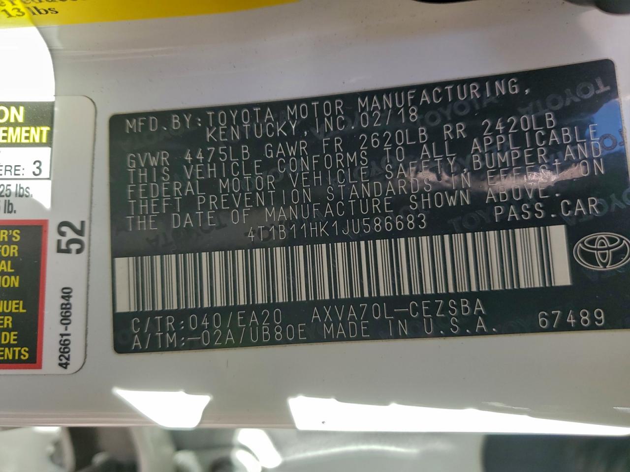 2018 TOYOTA CAMRY L photo 12