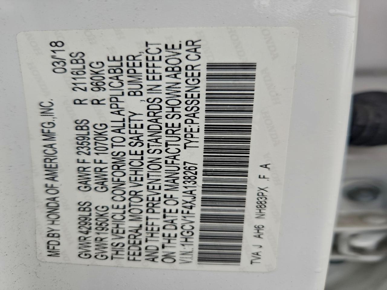 2018 HONDA ACCORD EX photo 13