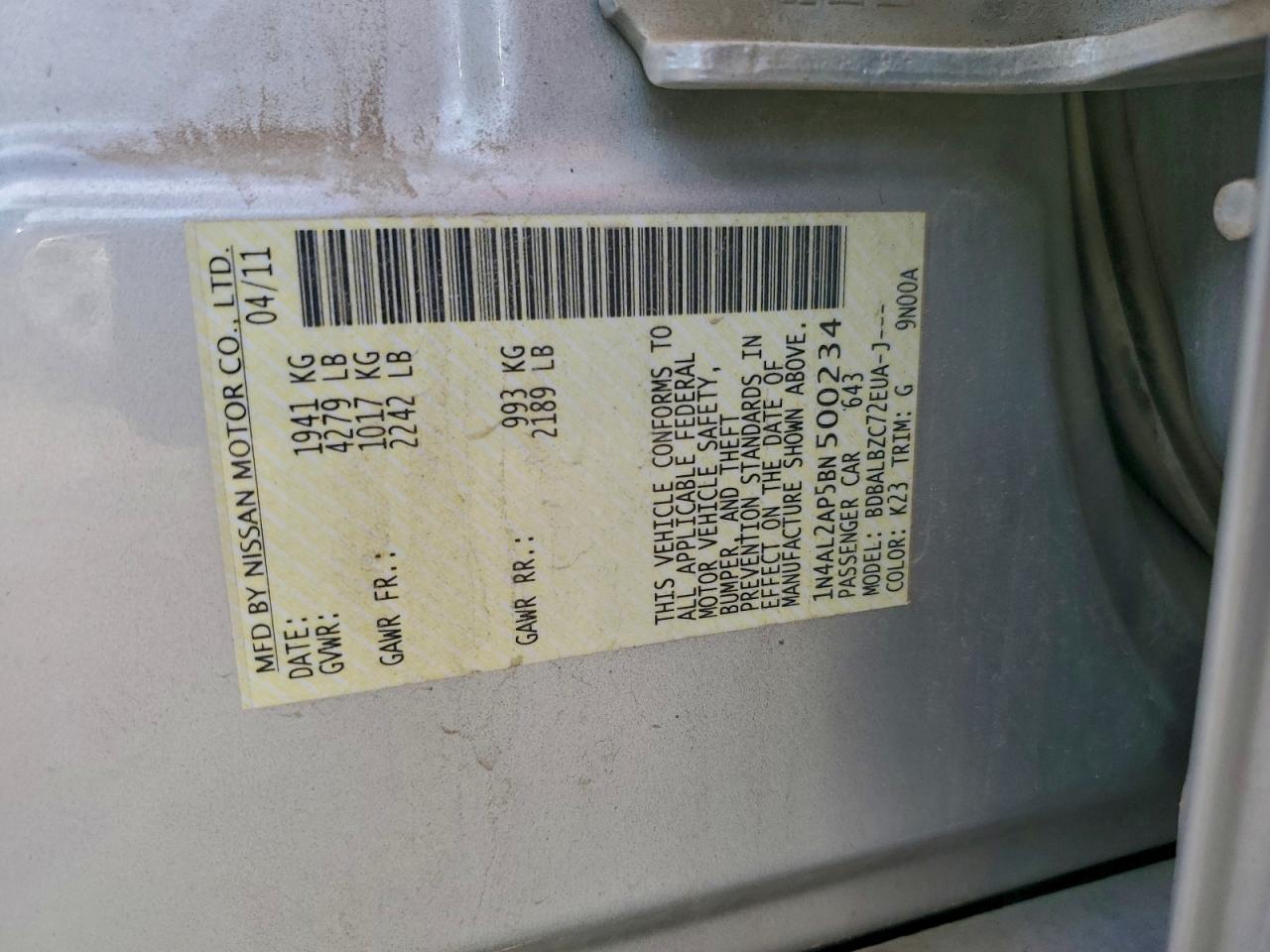 2011 NISSAN ALTIMA BASE photo 12