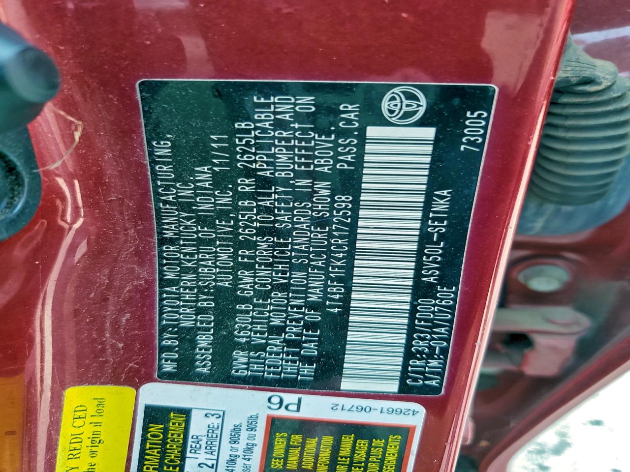 2012 TOYOTA CAMRY BASE photo 12