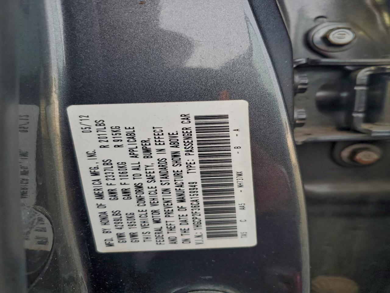 2012 HONDA ACCORD LX photo 12