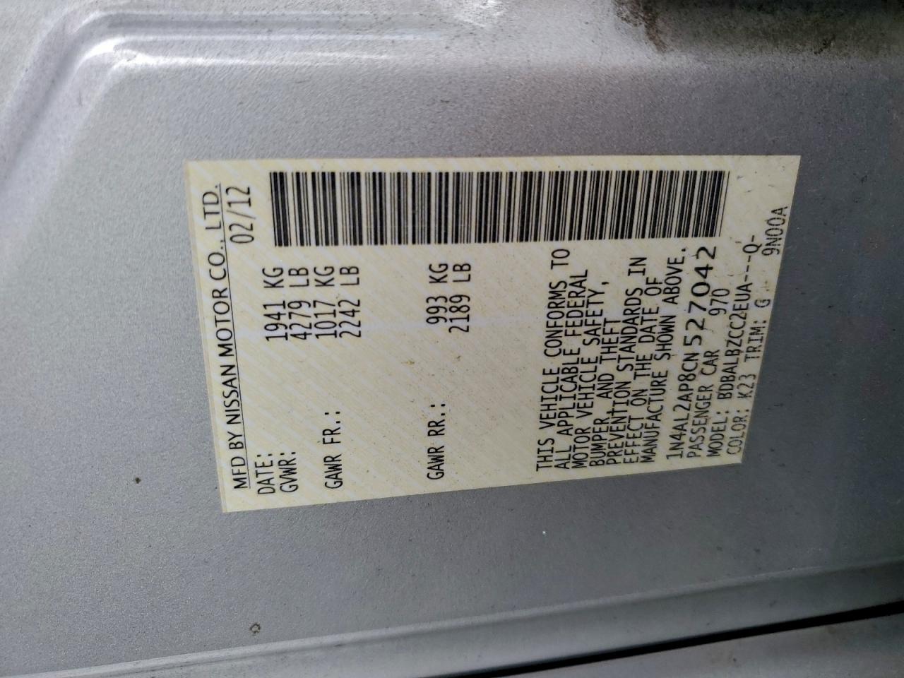 2012 NISSAN ALTIMA BASE photo 12