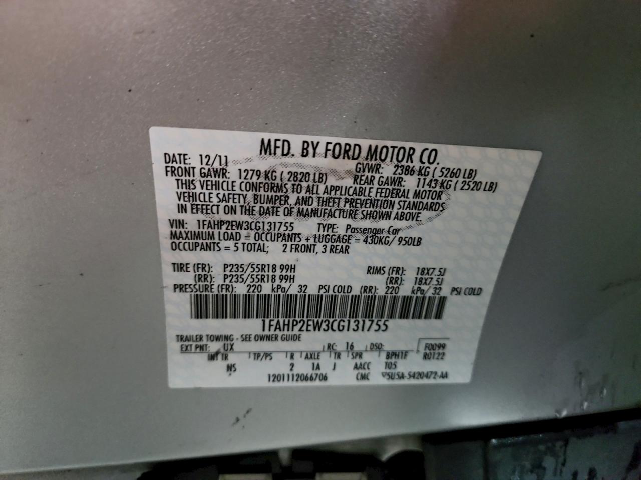 2012 FORD TAURUS SEL photo 13